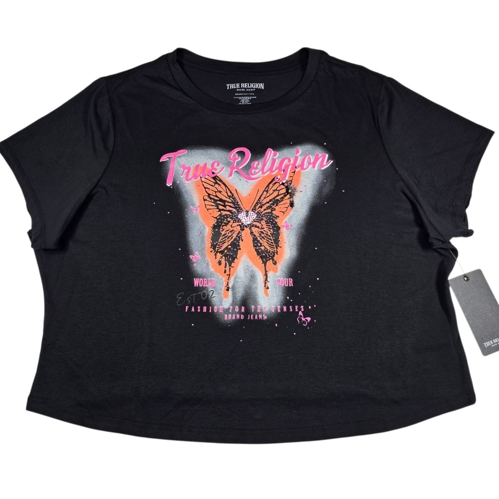 True Religion Jet Black Butterfly SS Logo Baby Tee T-shirt- Women's Size 3XL NWT